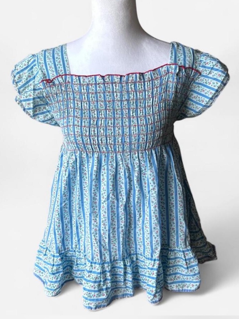 Vintage Cottagecore Babydoll square neck Blue and white striped smocked blouse